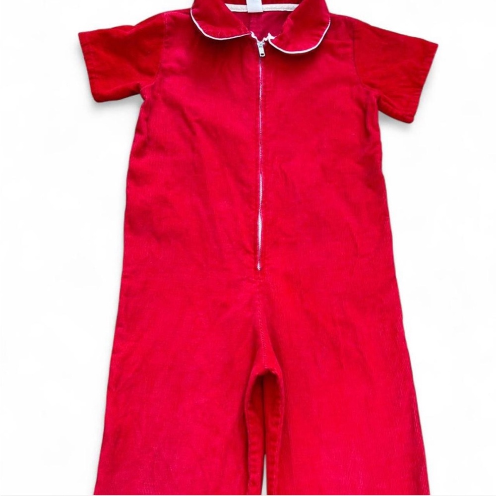 Vintage Lily Kids Red corduroy jumpsuit coveralls onesie with white trim 3